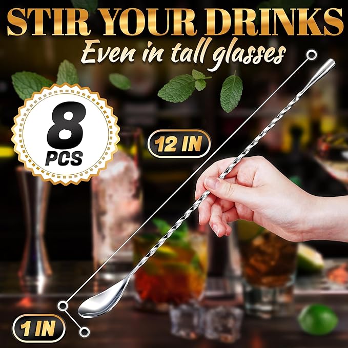 8 Pcs Bar Spoon Cocktail Mixing Spoon – 12'' Stainless Steel Cocktail Stirrers for Drinks, Polished Surface, Easy to Clean – Useful Bar Spoons for Professional and Home Use