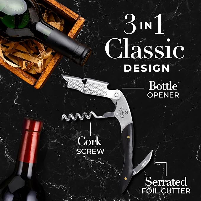 Zulay Kitchen Corkscrew Wine Opener - Premium 420 Stainless Steel & Ebony Wood Wine Bottle Opener - Double Hinged Opener with Foil Cutter & Cap Remover - Ebony Wood