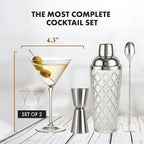 VEMACITY - Silver Luxury Home Mixology Cocktail Shaker Set with Silver Accessories - Glass Shaker with Built-In Strainer, 2 Ribbed Espresso Martini Glasses & Bar Tools - Gift Sets, Wedding Gift