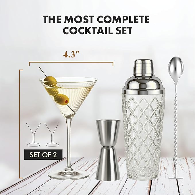 VEMACITY - Silver Luxury Home Mixology Cocktail Shaker Set with Silver Accessories - Glass Shaker with Built-In Strainer, 2 Ribbed Espresso Martini Glasses & Bar Tools - Gift Sets, Wedding Gift