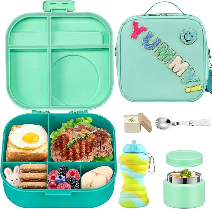 Kids Bento Lunch Box with 12oz Soup Thermo, Kids Leakproof Lunch Food Container with 4 Compartments, Insulated Lunch Bag & Water Cup for Girls Boys to School Travel