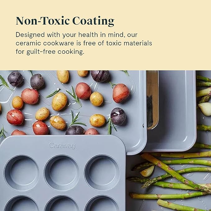 Caraway Nonstick Ceramic Bakeware Set (11 Pieces) - Baking Sheets, Assorted Baking Pans, Cooling Rack, & Storage - Aluminized Steel Body - Non Toxic, PTFE & PFOA Free - Gray