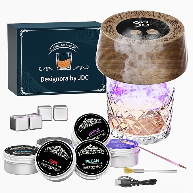 Electric Cocktail Smoker Kits with 6 Wood Chips, Whiskey Smoker Kit with Built-in Lighter, Old Fashioned Bourbon Drinking Smoking Kit, Gifts for Dad Husband Men Father Whiskey Lovers, No Butane Needed