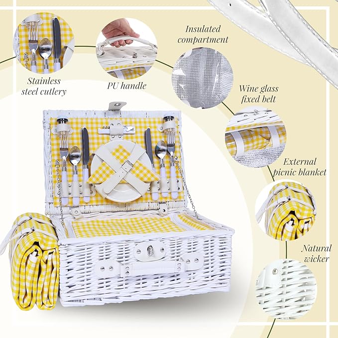 Picnic Basket Set for 4 with Waterproof Blanket Mat Insulation Bag Wicker White Yellow Light Fresh Gifts for Wedding Birthday Summer Camp Outdoor Camping Beach Travel Christmas Thanksgiving