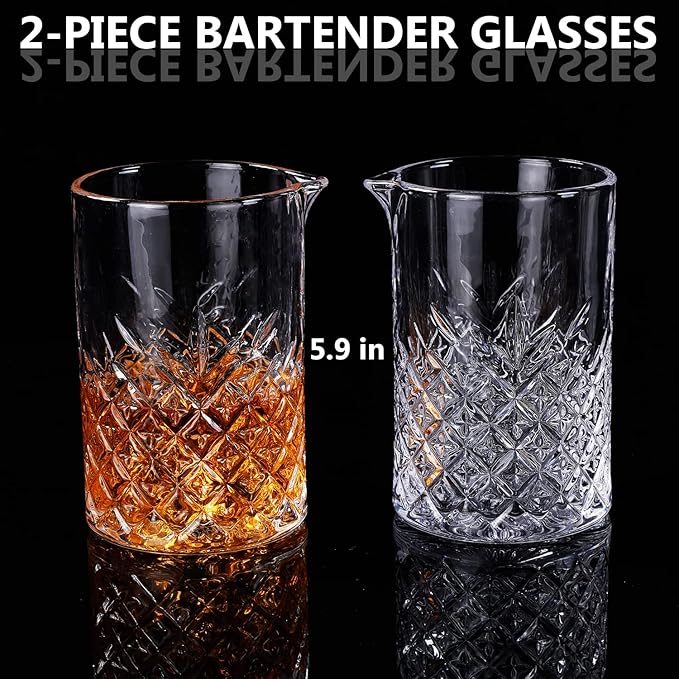2 Pack Crystal Cocktail Mixing Glasses, 24oz, Thick Weighted Bottom, Professional Bartender's Mixer Glass Stirring Glasses, Bar Tools