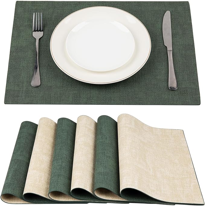 SUEH DESIGN Leather Placemats Set of 6 Reversible Table Mats Heat Resistant Waterproof No-Slip Place Mats for Dining Table Kitchen Parties, Dark Green and Beige