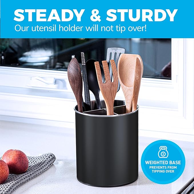 Rotating Extra Large Stainless Steel Utensil Holder Caddy with Sturdy No-Tip Weighted Base, Removable Divider, and Gripped Insert Bottom -Dishwasher Safe Metal Cooking Utensil Holder (Black)