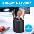 Rotating Extra Large Stainless Steel Utensil Holder Caddy with Sturdy No-Tip Weighted Base, Removable Divider, and Gripped Insert Bottom -Dishwasher Safe Metal Cooking Utensil Holder (Black)