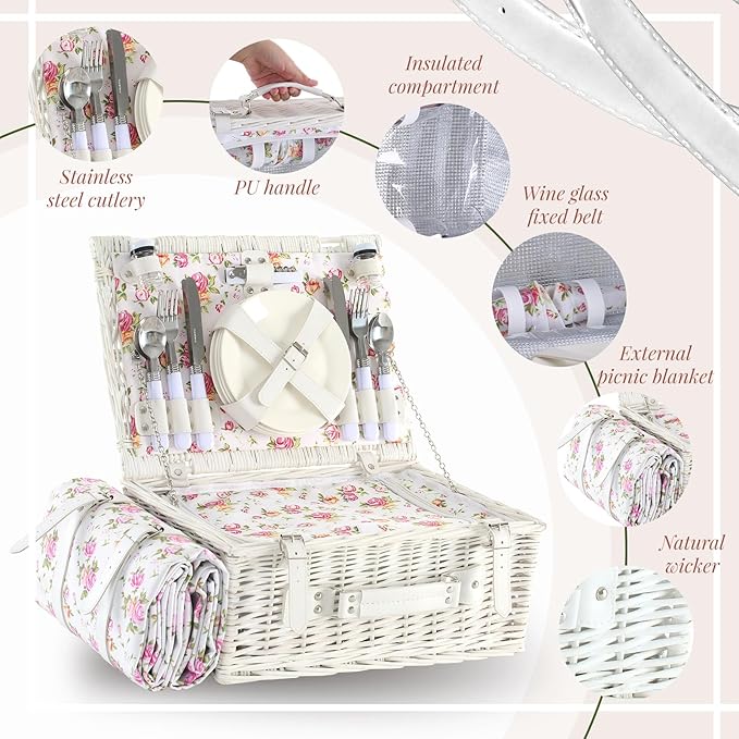 Picnic Basket Set for 4 with Waterproof Blanket Mat Insulation Bag Wicker Floral Elegant Classic Fresh White Pink Gift for Wedding Birthday Summer Camp Outdoor Camping Beach Travel Christmas