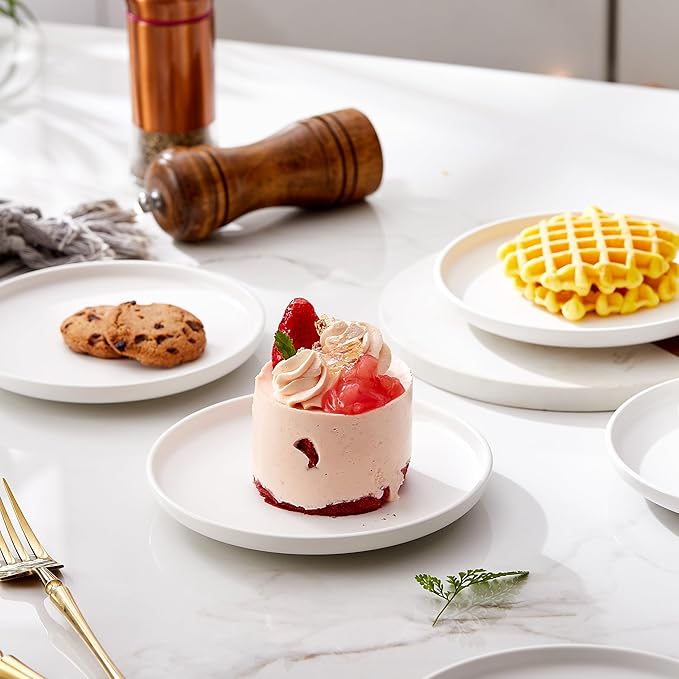 Matte Ceramic Appetizer Plates 6 Inch,Small Mini Dessert Plates Set of 4,Microwave and Oven Safe Snack,Bread,Butter Dessert,Pie,Cake Plates Cat Dishes(6 inch, White)