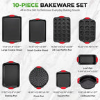NutriChef 10-Piece Nonstick Kitchen Oven Baking Pans - Premium & Stylish Non-Stick Carbon Steel - Commercial Grade Restaurant Quality Metal Bakeware with Silicone Handles - Easy to Clean, NCSBS10S