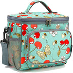 FlowFly Insulated Reusable Lunch Bag Adult Large Lunch Box for Women and Men with Adjustable Shoulder Strap,Front Zipper Pocket and Dual Large Mesh Side Pockets,Cherry