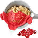 Clip On Strainer, Pot Strainer for Pasta, Vegetables, Fruit and Meat- Kitchen Silicone Strainer Colander for All Pots, Pans and Bowls (Red)