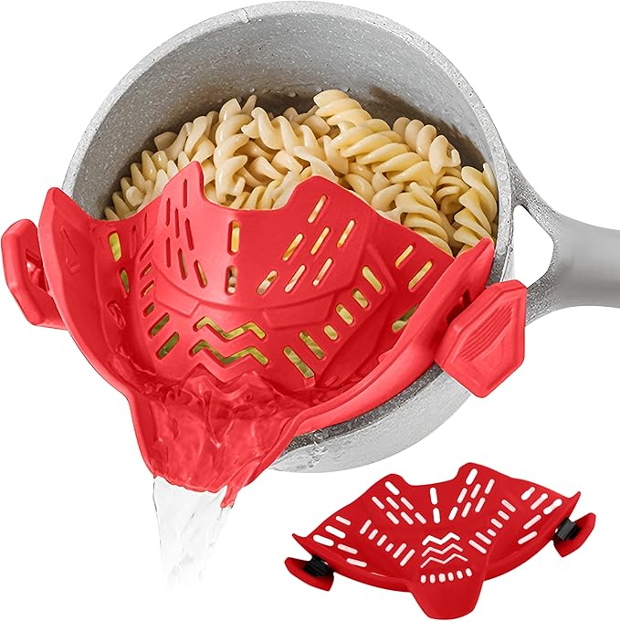 Clip On Strainer, Pot Strainer for Pasta, Vegetables, Fruit and Meat- Kitchen Silicone Strainer Colander for All Pots, Pans and Bowls (Red)