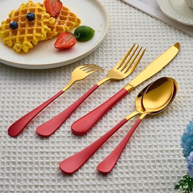 20 Piece Gold and Red 18/0 Flatware Utensil Set for 4, Include Dinner Knife,Dinner Forks,Dinner Spoons,Salad Forks,Teaspoons,Silverware Set for 4, Dishwasher Safe