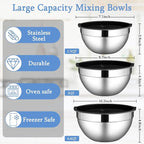 LIANYU Mixing Bowls with Lids Set of 3, Large & Small Stainless Steel Nesting Metal Bowls for Kitchen Storage, Dishwasher Safe, Size 1.5QT & 3QT & 4.6QT, Black