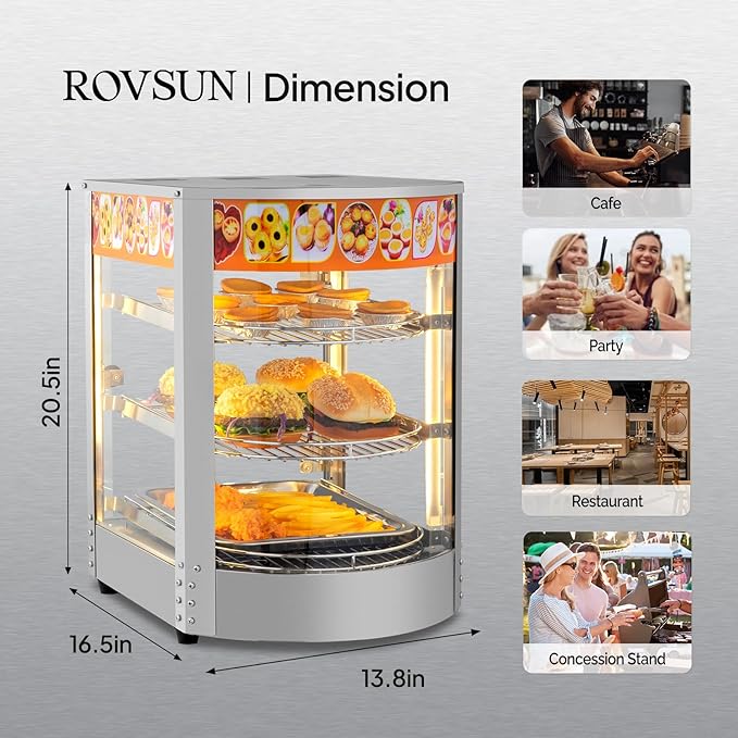 ROVSUN 3-Tier Food Warmer Pizza Warmer Countertop, Commerical Food Warmer Display with LED Lighting Removable Shelves Glass Door, Pretzel Warmer for Buffet Restaurant Cafe, 110V 800W