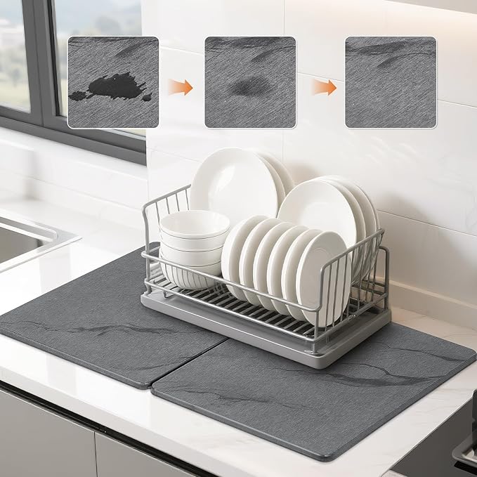 Stone Drying Mat for Kitchen Counter-Diatomaceous Earth Dish Drying Mat Foldable,Non Slip Kitchen Mat Quick Dry for Dishes Bottles Cups (24"L X 16"W)