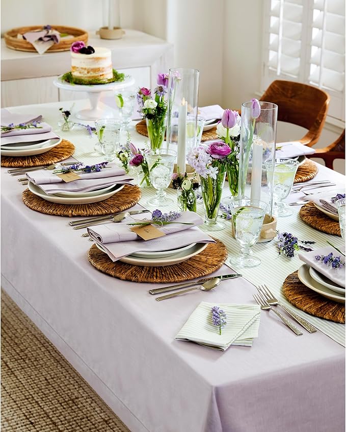 Solino Home Lilac Linen Tablecloth 60 x 132 Inch - 100% Pure Linen Hemstitch Table Cloth for Rectangle Tables - Classic Hemstitch, Machine Washable Tablecloth for Summer