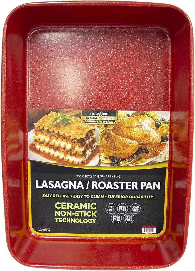 casaWare 15 x 10 x 3-Inch Ultimate Series Commercial Weight Ceramic Coated Non-Stick Lasagna/Roasting Pan (Red Granite)