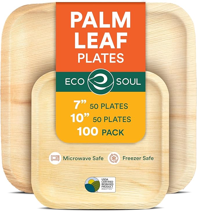 ECO SOUL Compostable 7 & 10 Inch Palm Leaf Square Plates (100 Count) Like Bamboo Plates | Biodegradable | Eco-Friendly, Microwave & Oven Safe - Party Pack