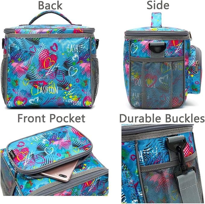FlowFly Insulated Reusable Lunch Bag Adult Large Lunch Box for Women and Men with Adjustable Shoulder Strap,Front Zipper Pocket and Dual Large Mesh Side Pockets,Heart