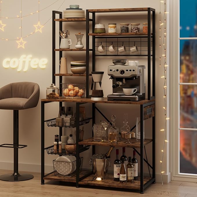 Bakers Rack with Power Outlet, 7-Tier Microwave Stand with Wire Basket, Coffee Bar with 4 s-Shaped Hooks, Kitchen Open Storage Shelf Rack for Spices, Pots, Brown