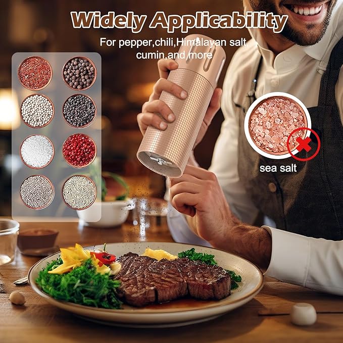 USB Rechargeable Salt and Pepper Grinder Set Electric Pepper Grinders Automatic Pepper Mills Salt Shaker Adjustable Coarseness Large Capacity One Hand Operation (GOLD)