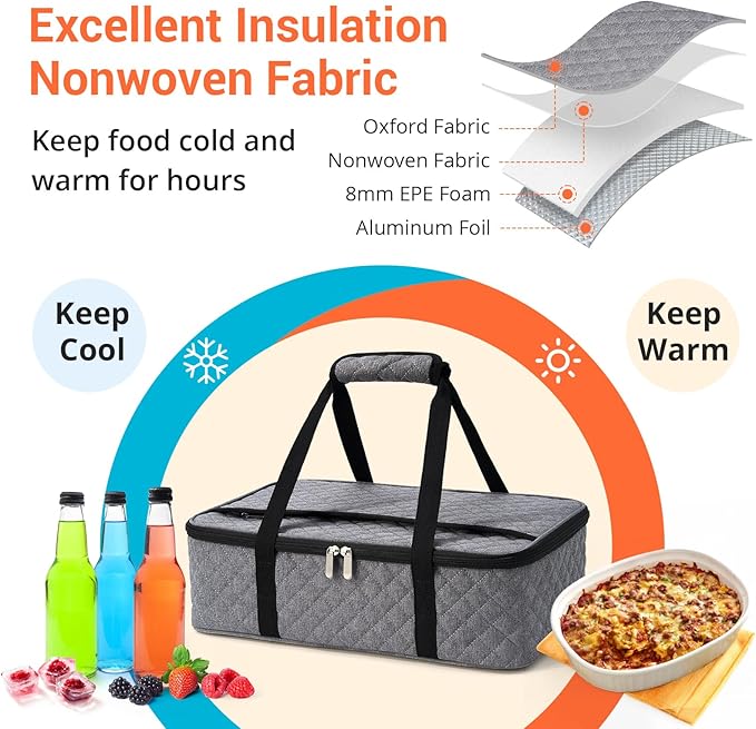 Casserole Carrier - Large Portable Insulated Food Carrier for Hot or Cold Food, Lunch Tote Warmer or Cooler Bag, Lasagna Lunch Bag for Work Picnic Hiking Beach - Fits 16" x 10"Baking Dish-Grey