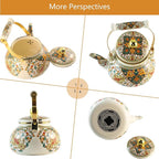Floral Enamel Tea Kettle Vintage Gold Beige Teapot Colorful Boho Hot Water Coffee Kettle Pot 2.5L Porcelain Tea Pot with Ceramic Handle for Stovetop Hot Water Kitchen Decor