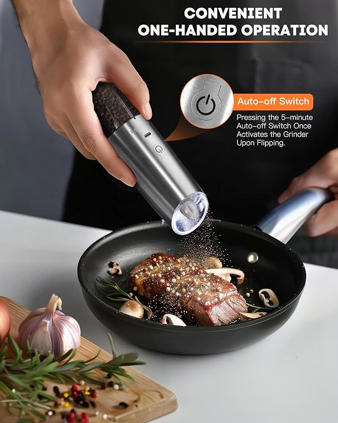 AmuseWit Gravity Electric Salt and Pepper Grinder Set [White Light] USB Rechargeable Automatic Pepper and Salt Mills,Adjustable Coarseness,One-Handed Operation,Stainless Steel