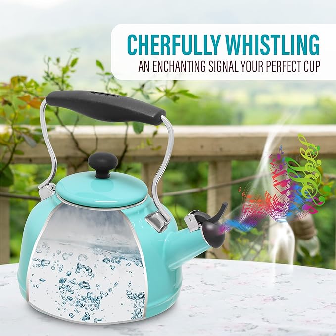 Chantal Tea Kettle, 1.7 QT, Vintage Series, Premium Enamel on Carbon Steel, Whistling, Even Heating & Quick Boil (Aqua)