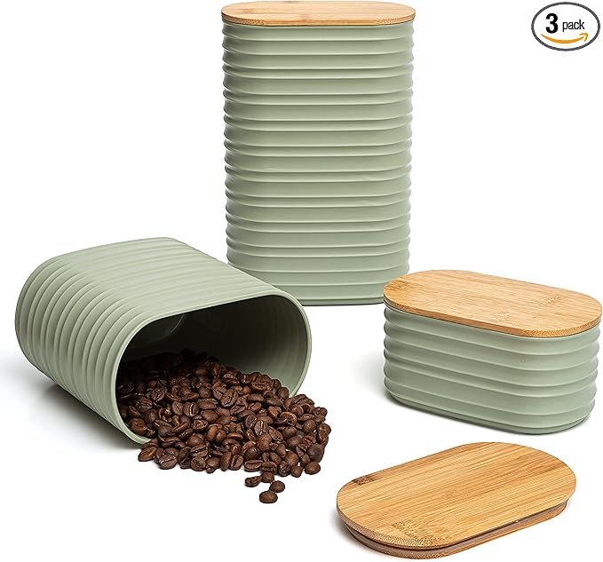 Mixpresso Olive Green Canisters Sets for the Kitchen – 3-Piece Airtight Plastic Sugar Container Set with Bamboo Lids in Three Different Sizes – Decorative Modern Storage Jars for Coffee &Tea