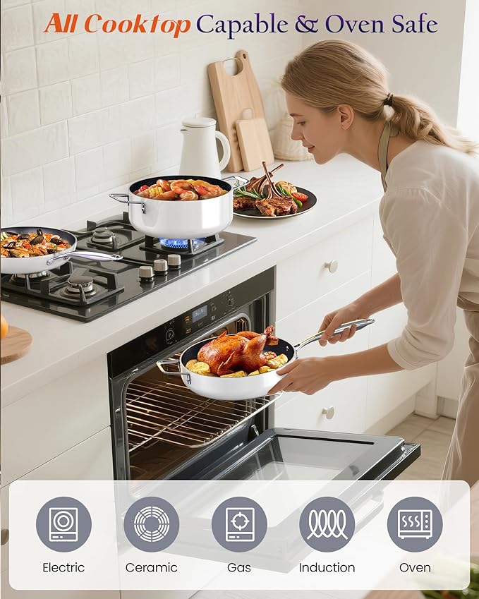 Nuwave Essential Series 5PC Ceramic Cookware Set PFAS-Free, G11 Duralon Blue Coating, Pots and Pans Set Non Stick, Diamond Scratch-Resistant,Stay-Cool Handle, Metal Lid,Induction Ready,Dishwasher Safe