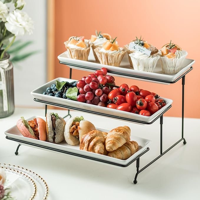 Gomakren 3 Tier Serving Trays Stand 14 Inches Serving Platters Rectangular Large Serving Plates for Party Display Set Collapsible Sturdier Rack, Christmas Serving Trays and Platters