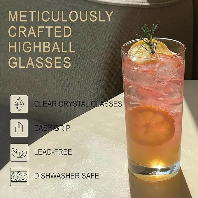 LADY&HOME Highball Glasses Set of 8,13oz Tall Drinking Glasses,Lead-Free Water Glasses,Mojito Glass Cups,Cocktail Bar Glassware Set (Clear)