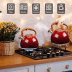 GGC Tea Kettle for Stove Top, 3.1QT/3L Whistling Tea Kettles for Boiling Water Coffee or Milk, Gradient Red Pot with Wood Parttern Handle, Stainless Steel Kettle Pot for Home and Kitchen