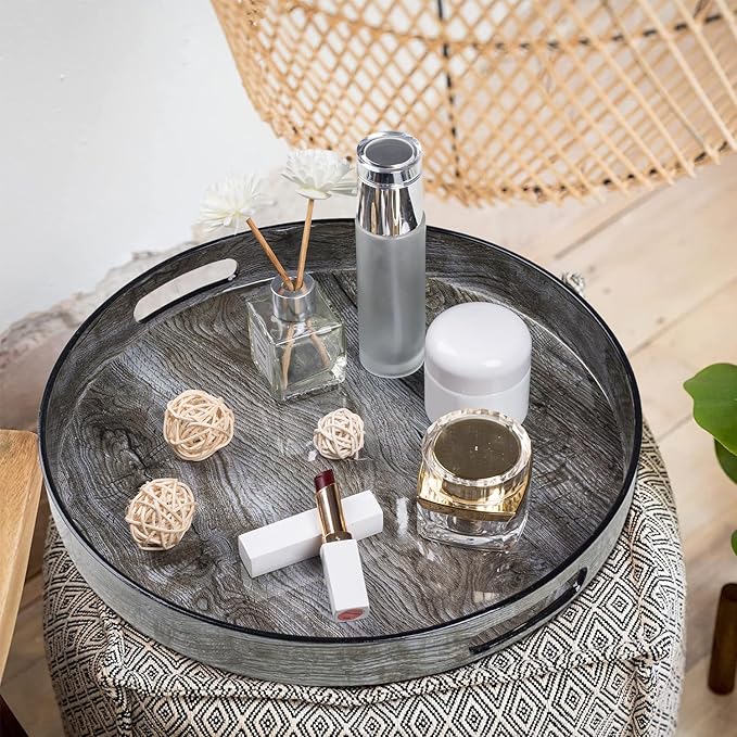 MAONAME 13" Round Decorative Tray, Plastic Tray with Handles, Coffee Table Trays, Serving Trays for Ottoman, Bathroom, Kitchen (Sticker Wood Grain)