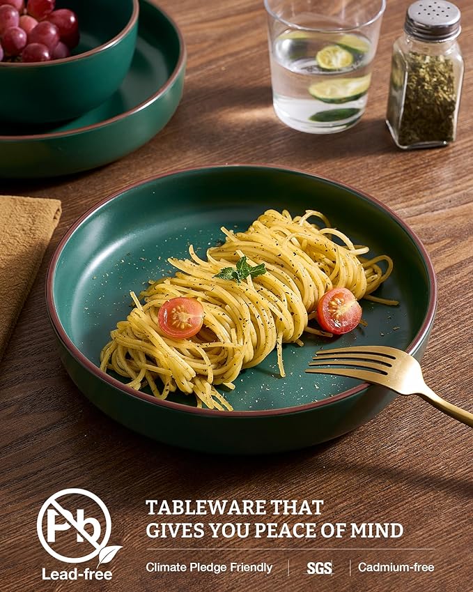 famiware Mercury Pasta Bowls Set of 4, 33 oz Large Salad Bowls, Stoneware Pasta Plates Bowls, Serving Bowls for Kitchen, Microwave & Dishwasher Safe, Dark Green