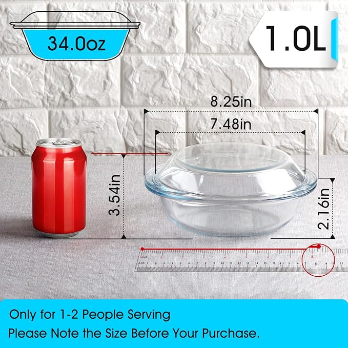 Mini-1 Liter Glass Casserole Dish With Lid, Round Oven Safe Glass Bakeware with Handles