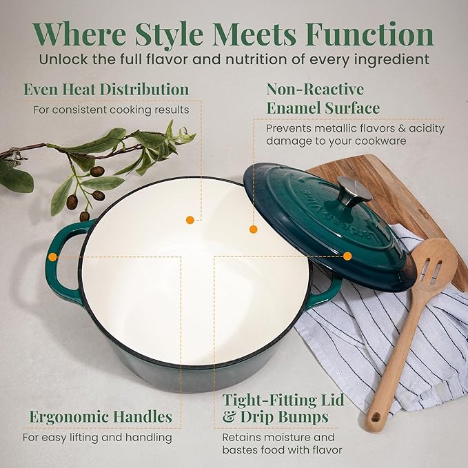 Larder & Vine Enameled Cast Iron 5.7qt Dutch Oven Pot with Lid | Bread Baking | Compatible on All Cooktops & Oven Safe to 500° F | Great for Sourdough Bread | Bondi