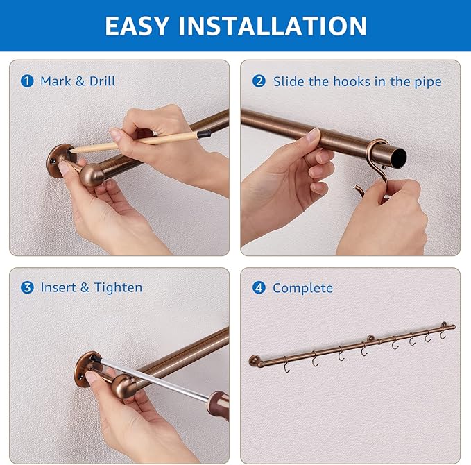 ROTHLEY 39.4 Inch Stainless Steel Wall Mounted Hanging Pot and Pan Rack with Adjustable S Hooks, Antique Copper