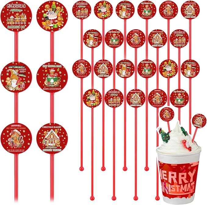 Meanplan 60pcs Christmas Swizzle Sticks Christmas Cocktail Stirrers Plastic Stir Sticks Xmas Santa Claus Snowman Decorations for Birthday Party Coffee Shop Supplies Favors Gifts (Gingerbread)