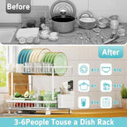 Multifunctional Dish Drying Rack - Rustproof, 2-Tier Dish Racks with Drainboard, Space-Saving Design, Utensil & Cup Holder for Kitchen Counter, White