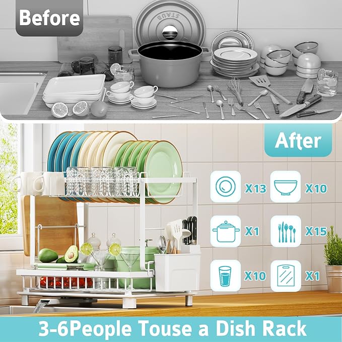 Multifunctional Dish Drying Rack - Rustproof, 2-Tier Dish Racks with Drainboard, Space-Saving Design, Utensil & Cup Holder for Kitchen Counter, White