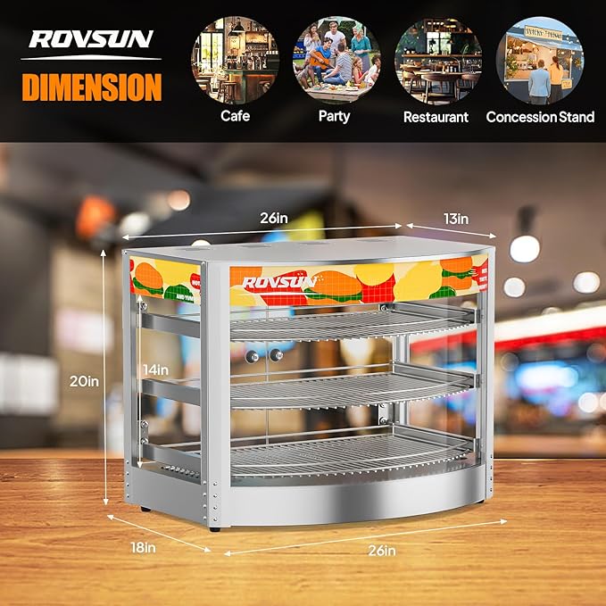 ROVSUN Food Warmer Pizza Warmer Countertop, 3-Tier Commerical Food Warmer Display with LED Lighting Removable Shelves Glass Door, Pretzel Warmer for Buffet Restaurant Cafe, 110V 800W