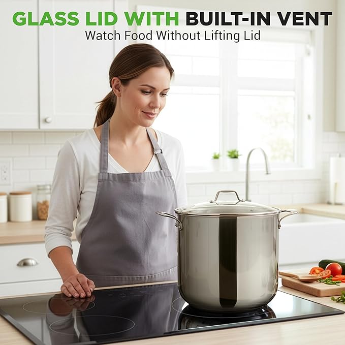NutriChef 15-Quart Stainless Steel Stock Pot with Tempered Glass Lid - Induction Compatible Large Stockpot, Ideal for Stews & Soups, Dishwasher Safe - NCSP16