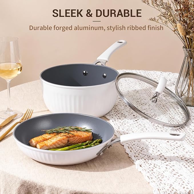 Ammeloo 15-Piece Ribbed Ceramic Cookware Set, Pots and Pans Set Non Stick, Induction Ready, Healthy Non Toxic Kitchen Cooking Set PFAS/PFOA/PTFE-Free, Silicone-wrapped Stay-Cool Handle