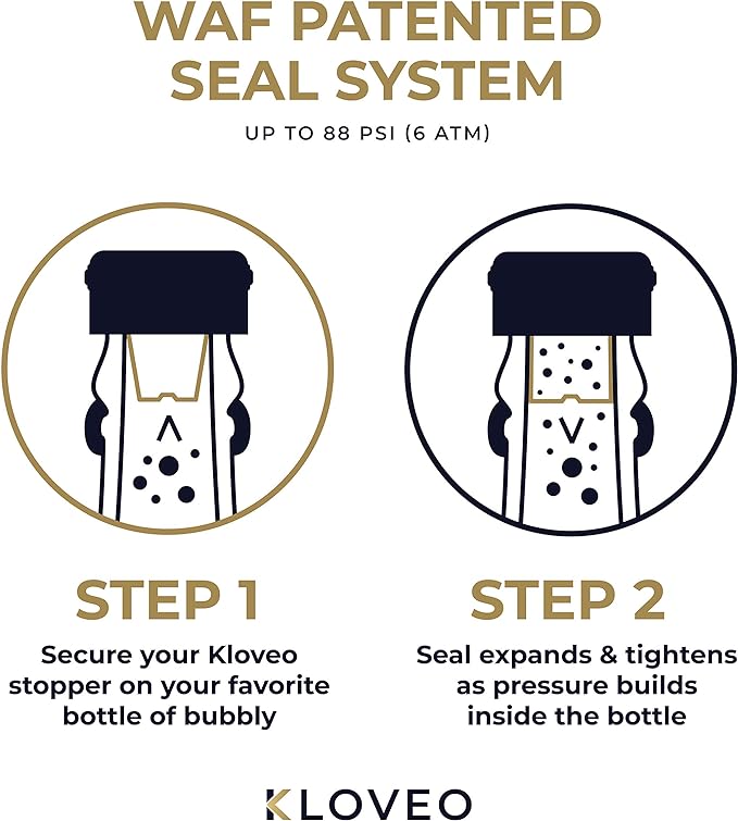 Champagne Stoppers by Kloveo - Patented Seal - Made in Italy - Professional Grade WAF Champagne Bottle Stopper - Prosecco, Cava, and Sparkling Wine Stopper - Chrome, 2-Pack