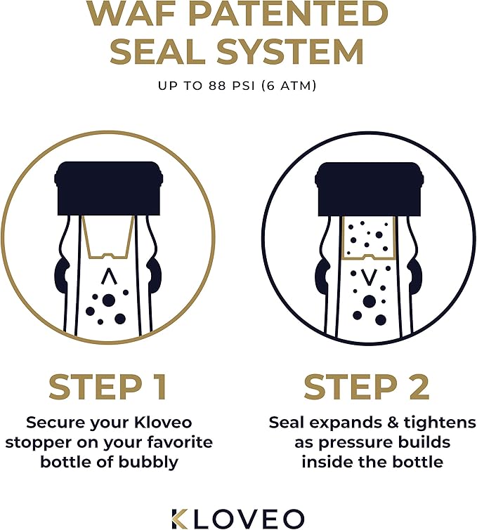 KLOVEO Champagne Stoppers - Patented Seal - Made in Italy - Professional Grade WAF Champagne Bottle Stopper - Prosecco, Cava, and Sparkling Wine Stopper